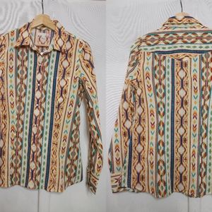 Tin Haul Snap Button Front Shirt Long Sleeve Southwest Print Cream Turquoise S
